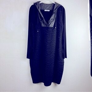 DZHAVAEL COUTURE Black Dress w/Faux Leather Hood, buttons & Yoke. Size Medium